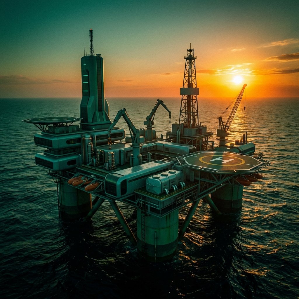 Offshore oil platform at sunset